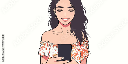 A young woman stands in a plain space with a smartphone in her hands. She smiles at the screen as she interacts with it.