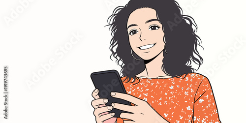 A woman with curly hair smiles and looks at her smartphone. She seems happy while using it. Her bright shirt adds to her cheerful mood.