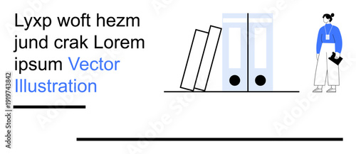 Education, office management, professional roles, document storage, workplace decor, business organization. Books leaning on folders, person holding files in neat attire. Office management