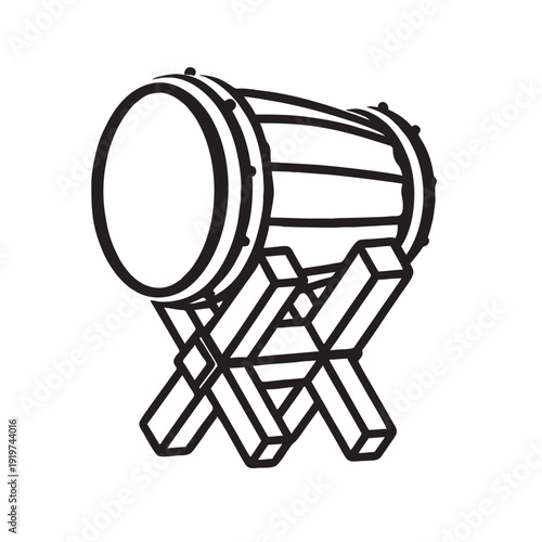 Black and white vintage style illustration of a traditional drum with crank handle on wooden stand. Detailed engraving line art isolated on light background.