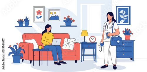 Modern home healthcare illustration featuring a professional nurse with a medical bag visiting a female patient working on a laptop for telehealth and domestic nursing concepts