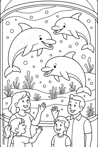 Dolphins in Aquarium hand drawn vector illustration doodle art line art coloring page for kids
