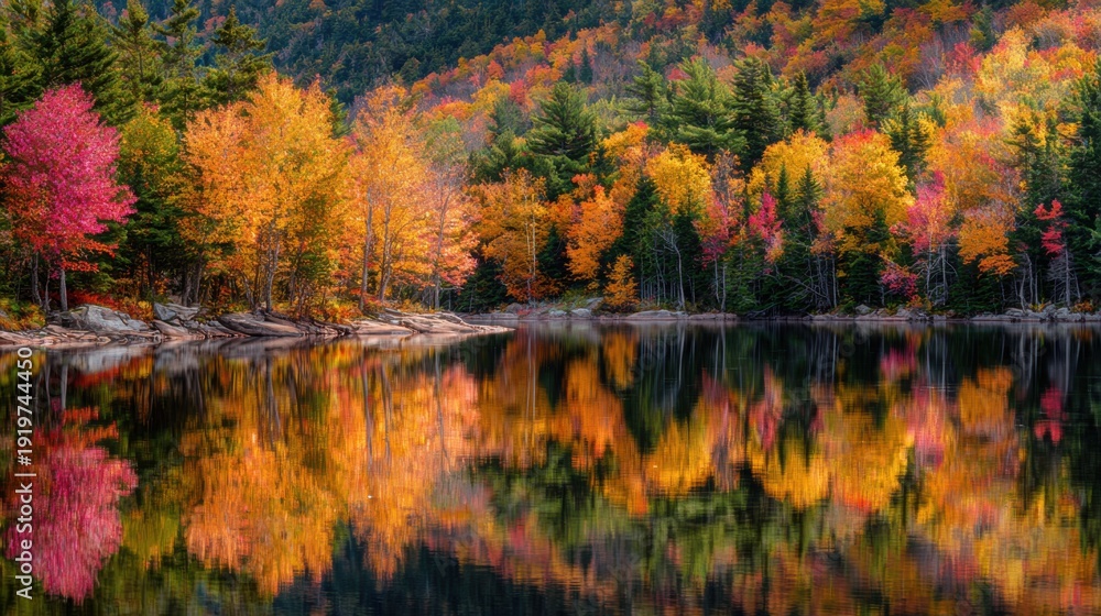 Fototapeta premium a scene at the White Mountain National Forest in New Hampshire showing beautiful fall colors, hundreds of trees above a lake 