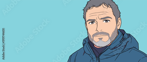 A man stands still with a serious look on his face, wearing a jacket. He has a beard and appears to be in a simple setting with a blue backdrop.