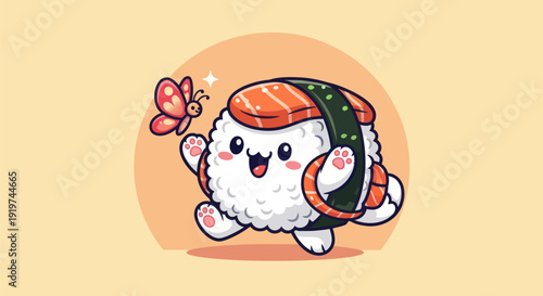 Cartoon sushi character interacting with a butterfly on a simple background
