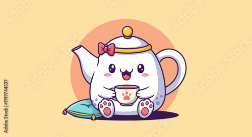 Cartoon teapot character holding cup of tea on pastel background