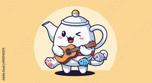 Cartoon teapot playing ukulele surrounded by fish cheerful illustration