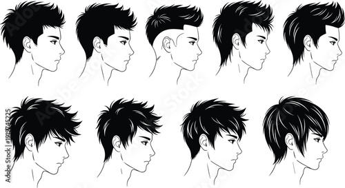 Men's anime and manga hairstyle icon set featuring various side profile silhouettes with spiky, undercut, and shaggy styles for character design and barbering concepts