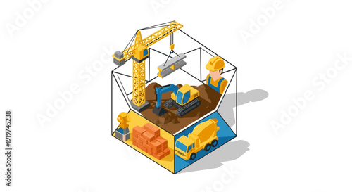 3D Model of Excavator in Wireframe Box.