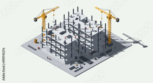 3D Rendering of Construction Site with Cranes.