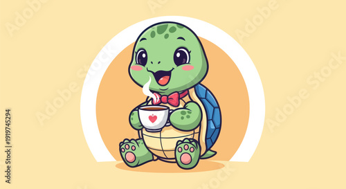 Cartoon turtle enjoying a cup of coffee vector illustration