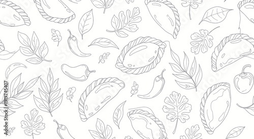Hand-drawn empanadas and chili peppers pattern, seamless doodle background