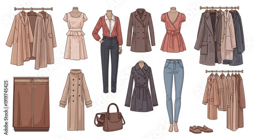 Fashionable clothing and accessories on hangers and laid out including coats dresses pants shirts shoes and handbags in neutral tones