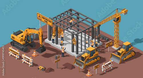 Construction Site with Crane and Machinery.