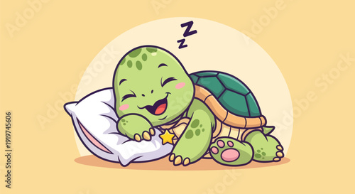 Cartoon turtle sleeping comfortably on a pillow with a joyful expression