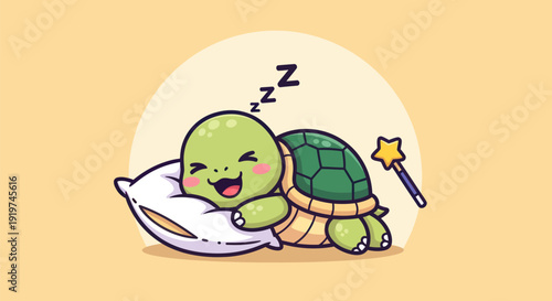 Cartoon turtle sleeping on a pillow with a magic wand illustration