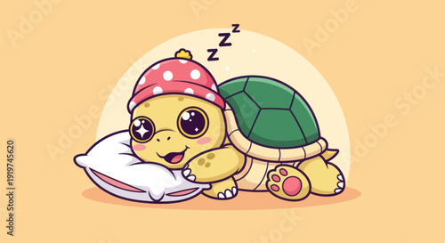 Cartoon turtle sleeping comfortably on a pillow with a pink hat illustration