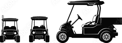 Electric golf cart and utility vehicle silhouette set featuring front and side profile views for golf course transport, resort logistics, and personal mobility concepts