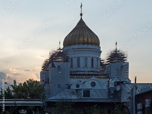 Cathedral of Christ the Saviour Under Construction at Sunset in Moscow