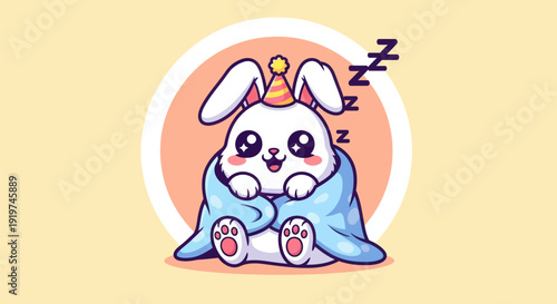 Cute cartoon bunny character wrapped in blanket with party hat