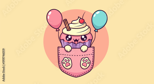 Cute cartoon cupcake character with balloons in a pocket illustration