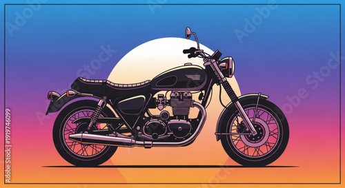 Vintage motorcycle with cream dome fairing against colorful sunset background with blue purple pink and orange hues