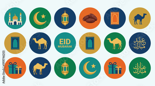Eid Mubarak Islamic icons set with mosque, camel, and crescent moon.