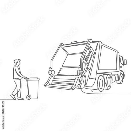 Line art illustration of a garbage truck and a worker with a bin