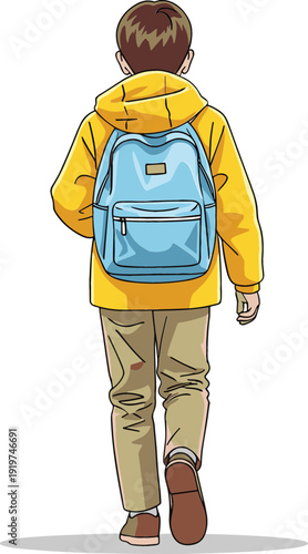 Back view of a school boy wearing a yellow jacket and blue backpack walking toward school for education, childhood, and back to school concept