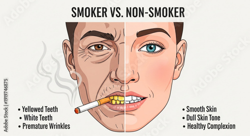 Illustration comparing smoker and non smoker facial features highlighting effects of smoking on skin and teeth health
