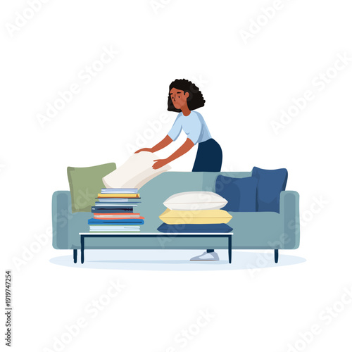 Person organizing cushions on sofa in living room.