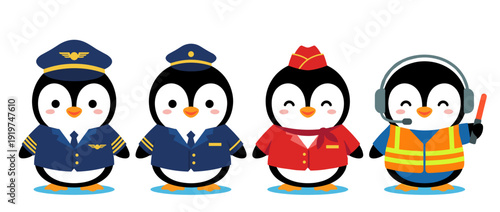 Four cute cartoon penguins dressed in different aviation-related uniforms: pilot, co-pilot, flight attendant, and air traffic controller.