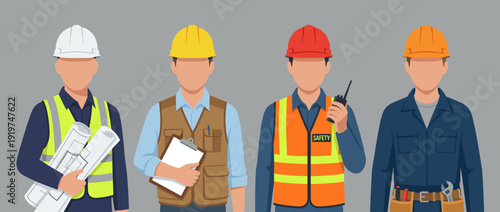 Four construction workers in hard hats and safety vests, holding blueprints and clipboards, representing different roles in the industry.