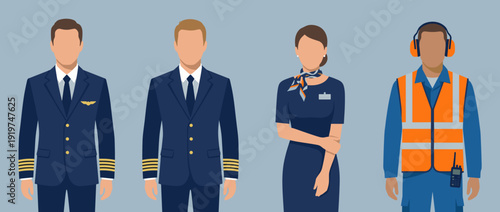 Illustration of four professionals in uniform: two pilots, a flight attendant, and a ground crew member.