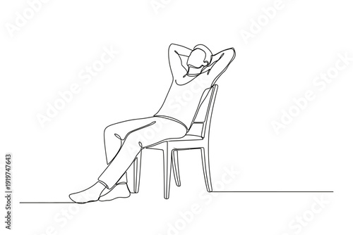 Continuous Line Drawing of a Man Resting on a Chair with Hands Behind Head, Illustrating Relaxation and Leisure