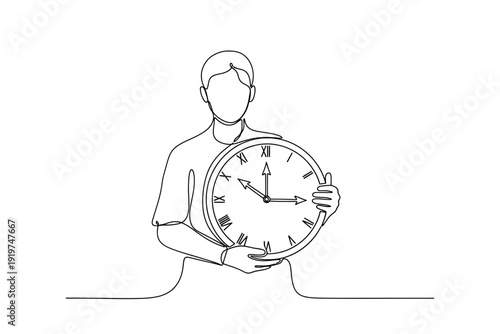 Continuous Line Drawing of a Person Holding a Large Analog Clock, Representing Time Management and Deadlines