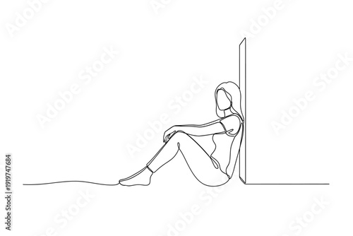 Continuous line drawing of a young woman sitting on the floor and leaning against a wall, symbolizing solitude or deep thought.