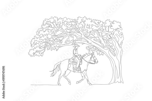Continuous Line Drawing of Cowboy Riding Horse Under Sprawling Tree