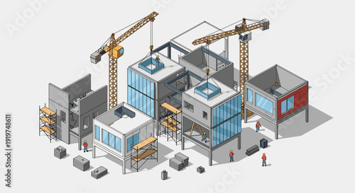 Construction Site with Buildings and Cranes.