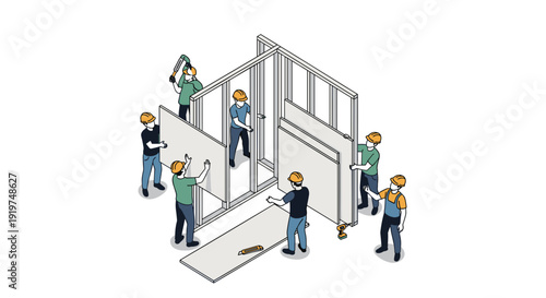 Construction Workers Assembling Metal Building Frame 1.