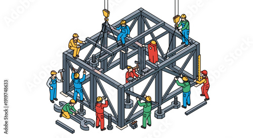 Construction Workers Assembling Metal Building Frame.