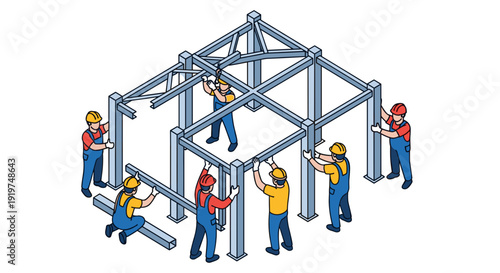 Construction Workers Building Metal Frame Structure.