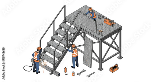 Construction Workers on Metal Platform Structure.