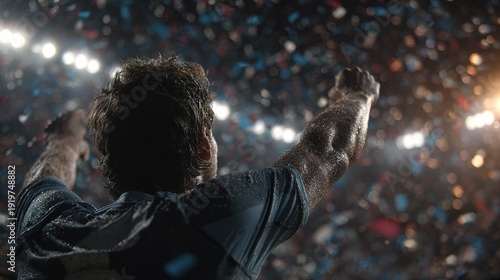 Celebrating soccer player screaming in joy under falling confetti in stadium