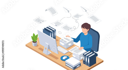 Man Working on Computer with Documents.