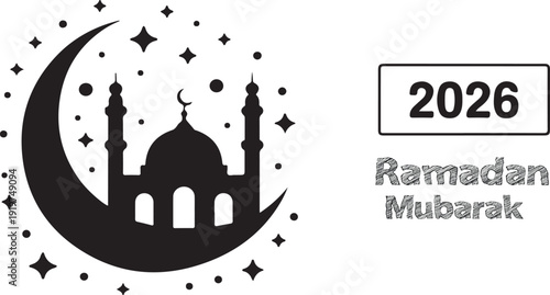 Ramadan Mubarak 2026 greeting card with mosque silhouette on crescent moon and stars  Islamic holiday celebration design