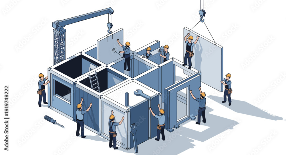 Fotografija Modular Building Assembly by Construction Workers.