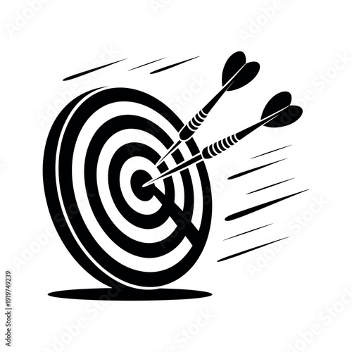 Two darts strike the bullseye target center with motion lines.