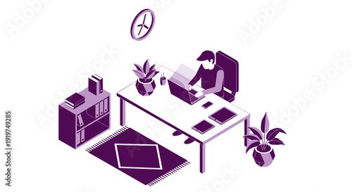 Woman Working at Desk with Computer.