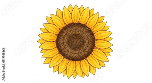 Vibrant sunflower illustration with bright yellow petals and dark brown center on white background